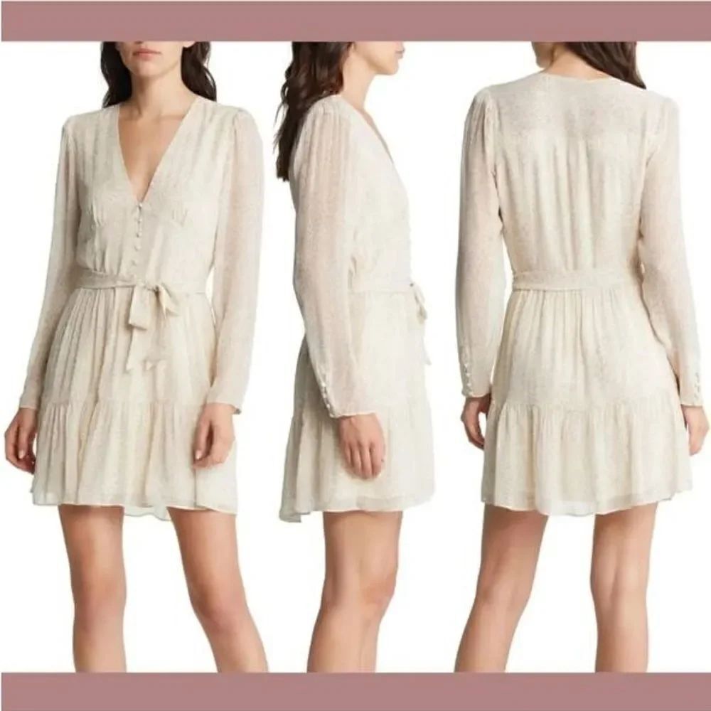 Paige Truett Mini White Cream Dress Tie Waist Ruffle Long Sleeve Size XL